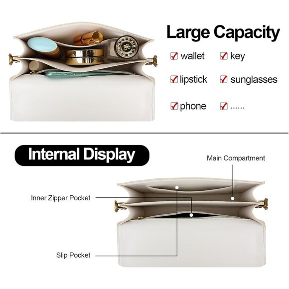 Women's B-white Leather Satchel Small Classy Crossbody Bag Purse Fashion Handbag - Picture 3 of 7